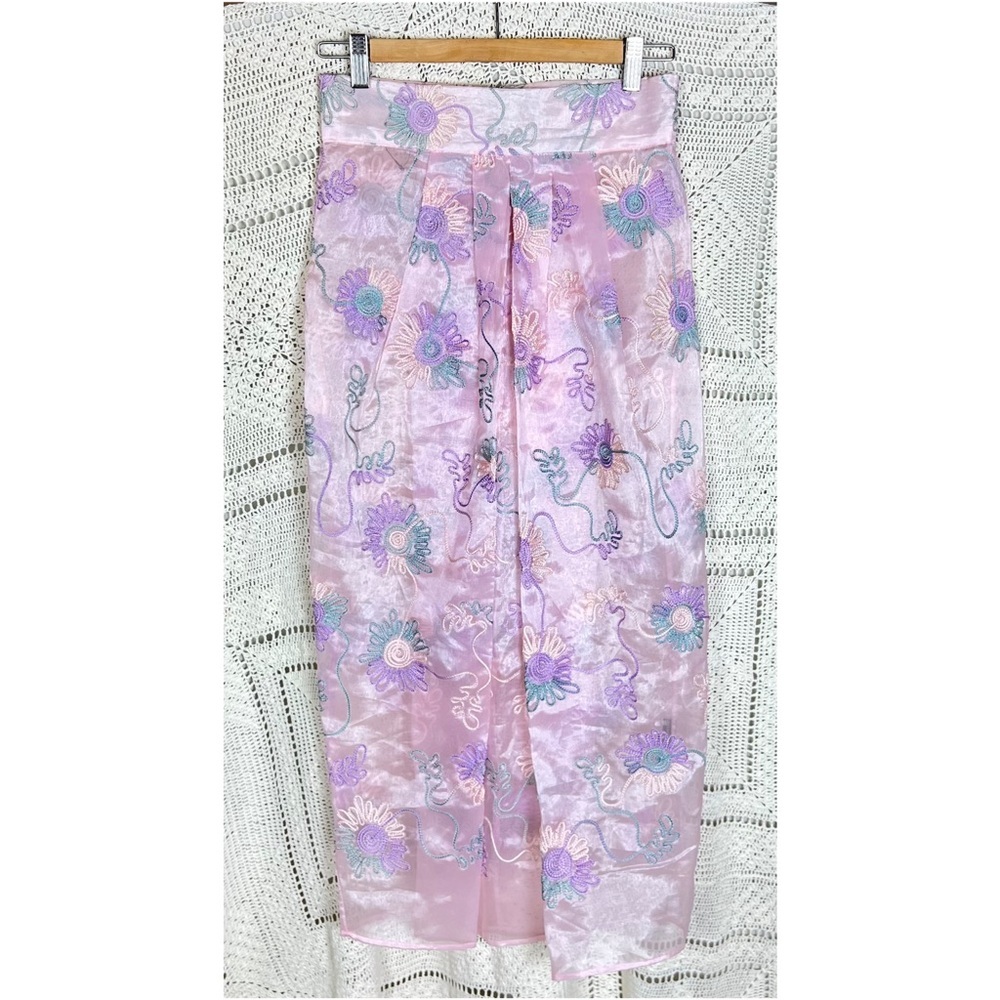 NWOT Designer Natali Women’s Maxi Skirt Sz Small Pink Floral Embroidered Overlay